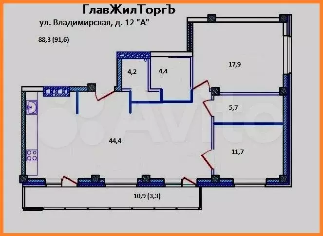 3-к. квартира, 91,6 м, 9/9 эт. - Фото 0