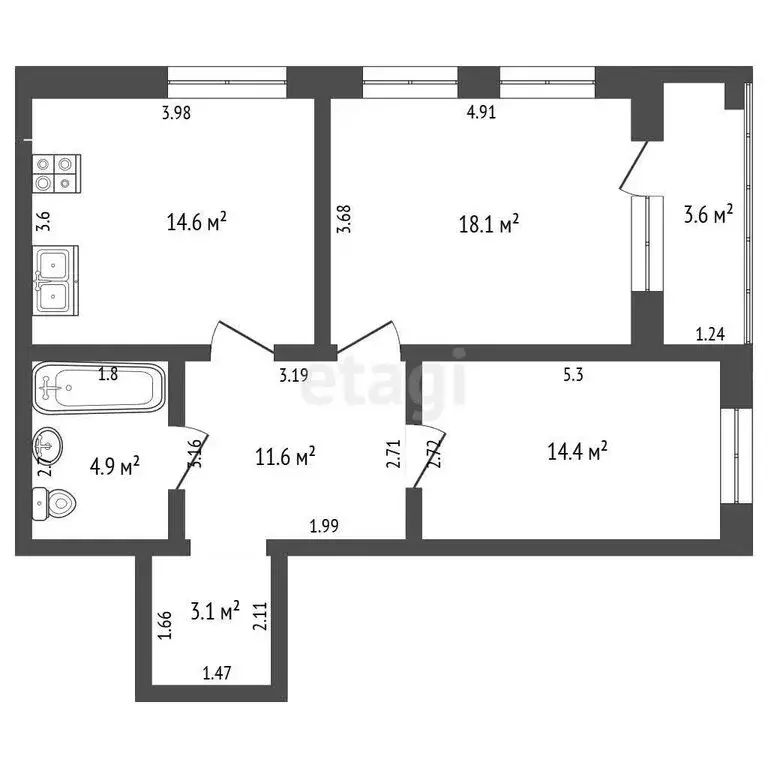 2-комнатная квартира: Вологда, Ягодная улица, 5к1 (68.9 м) - Фото 1