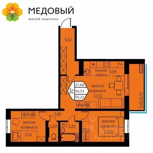 3-к кв. Пермский край, д. Кондратово ул. Г.Н. Нифантова, 12 (59.22 м) - Фото 1