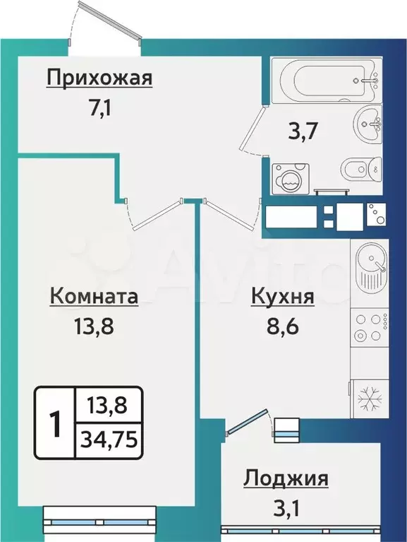 1-к. квартира, 34,8 м, 15/15 эт. - Фото 0