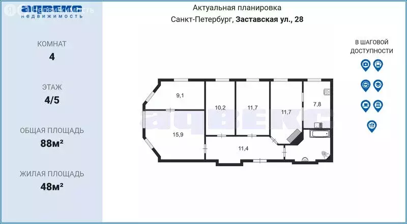 4-комнатная квартира: Санкт-Петербург, Заставская улица, 28 (88 м) - Фото 1
