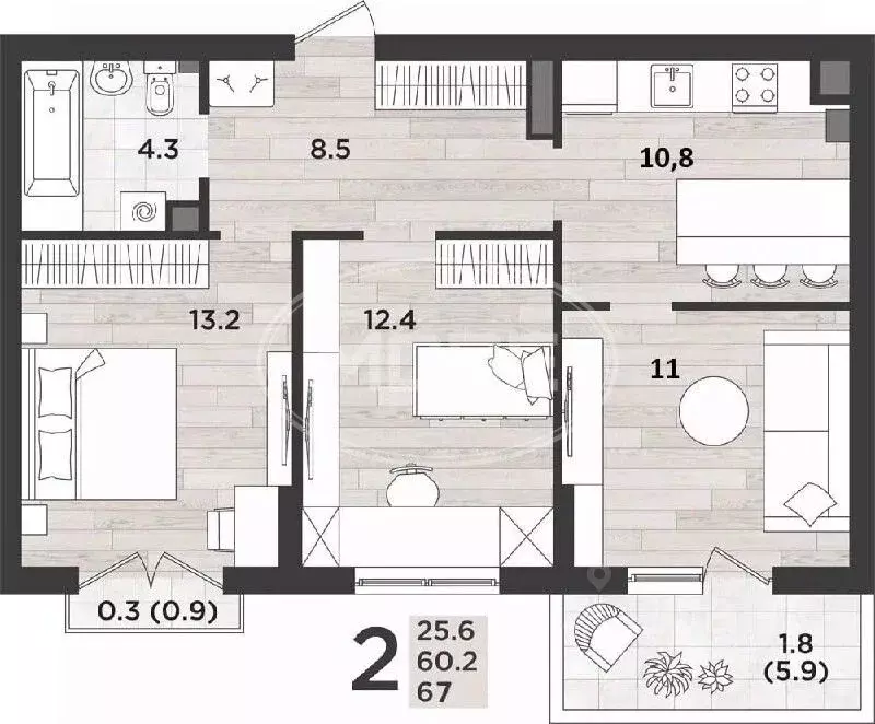 3-к кв. Калининградская область, Калининград ул. Миргородская, 2 (67.0 ... - Фото 2