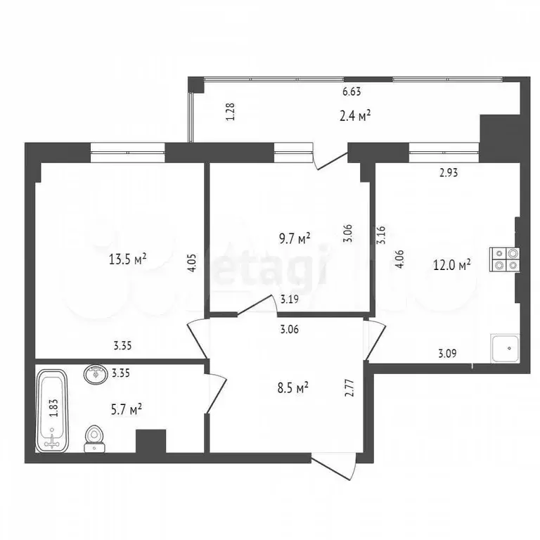 2-к. квартира, 52 м, 1/7 эт. - Фото 0