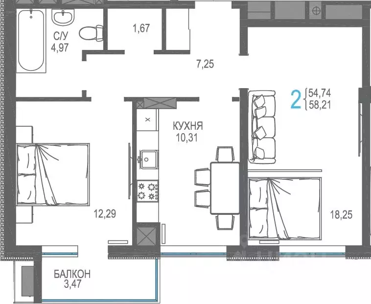 2-к кв. Крым, Симферопольский район, Гвардейское пгт, Республика жилой ... - Фото 1