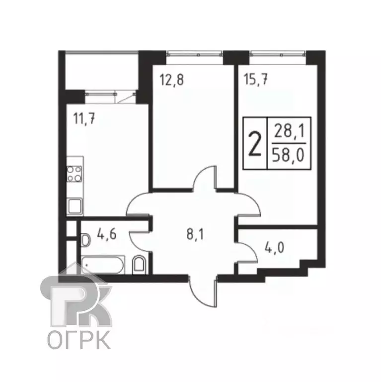 Квартира, 2 комнаты, 58.4 м - Фото 0