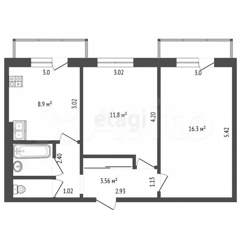 2-к. квартира, 47,1 м, 1/3 эт. - Фото 0
