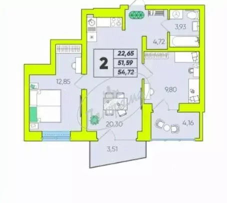 2-к кв. Калужская область, Калуга  (55.0 м) - Фото 2