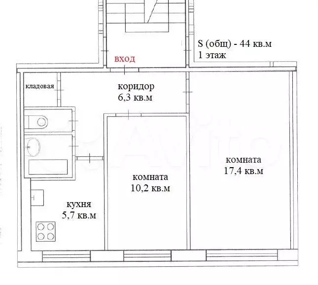 2-к. квартира, 44 м, 1/5 эт. - Фото 0