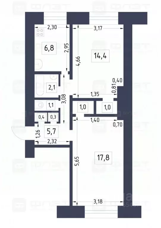 2-к кв. Татарстан, Казань ул. Татарстан, 52 (50.6 м) - Фото 2