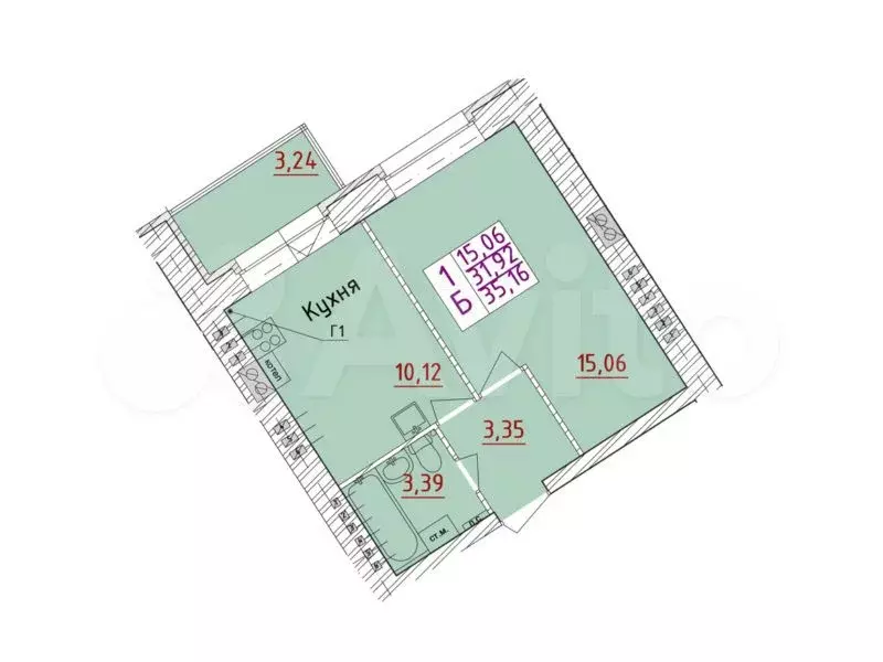 1-к. квартира, 36,1 м, 6/6 эт. - Фото 0