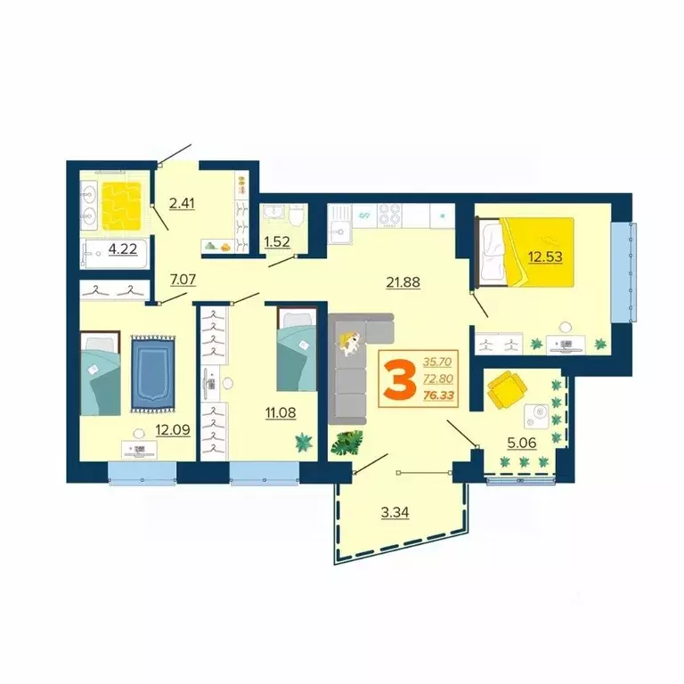 3-к кв. Брянская область, Брянск Московский мкр, Микрорайон Акватория ... - Фото 1