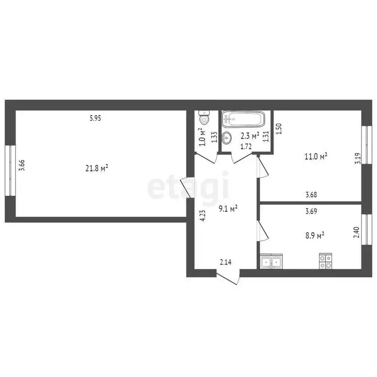 Квартира, 2 комнаты, 54.1 м - Фото 0