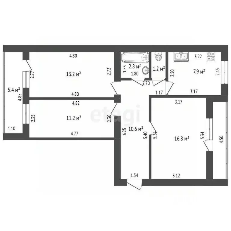 3-к кв. Башкортостан, Стерлитамак Коммунистическая ул., 90 (63.7 м) - Фото 1