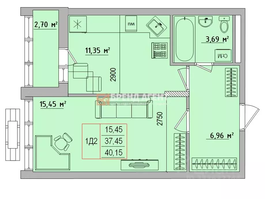 1-к кв. Белгородская область, Белгород ул. Игоря Чернухина, 1 (38.0 м) - Фото 2