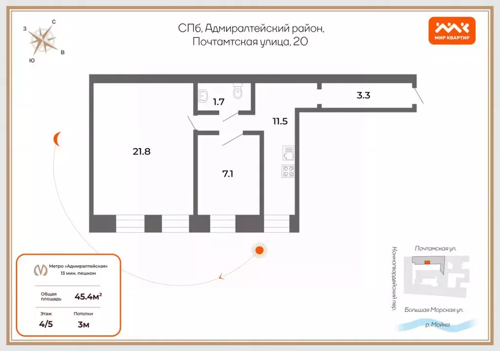 2-к кв. Санкт-Петербург Почтамтская ул., 20 (45.4 м) - Фото 1