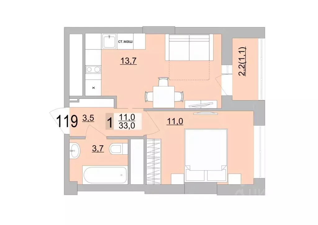1-к кв. Свердловская область, Екатеринбург ул. Черкасская, 5к3 (33.0 ... - Фото 1