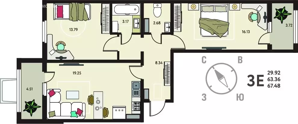 2-комнатная квартира: Липецк, ЖК Инстеп. Механизаторов (67.48 м) - Фото 1