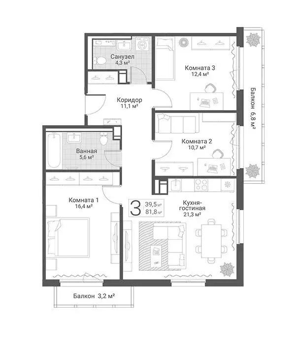 3-комнатная квартира: Санкт-Петербург, Актёрский проезд, 2к2 (81.8 м) - Фото 1