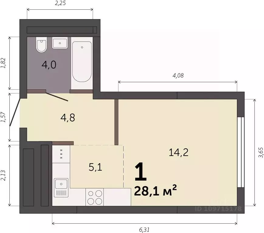 Студия Свердловская область, Екатеринбург Южный жилрайон,  (28.1 м) - Фото 1