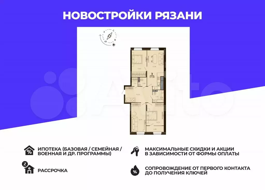 3-к. квартира, 99 м, 2/7 эт. - Фото 0