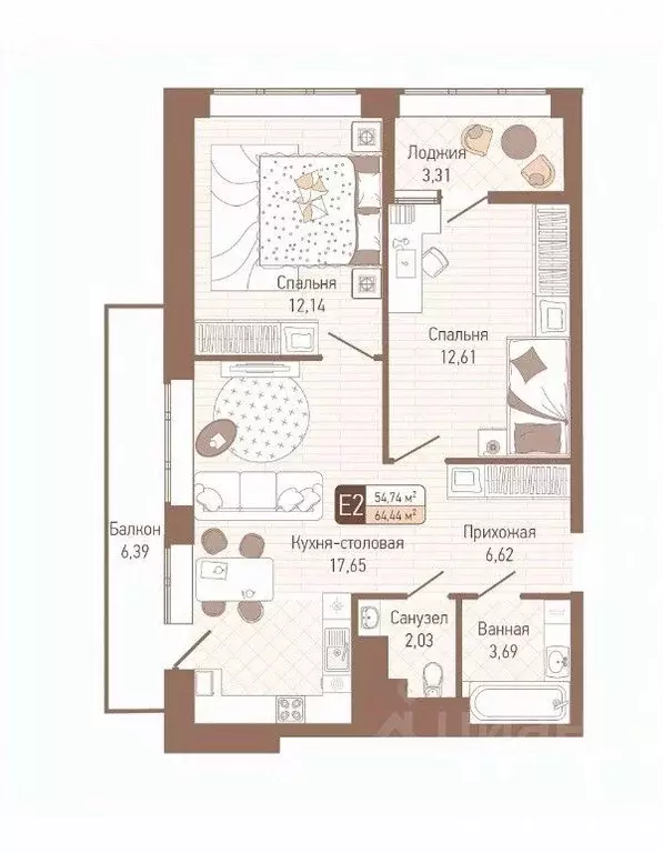 2-к кв. Тульская область, Тула проезд 2-й Клинской, 8 (60.4 м) - Фото 0
