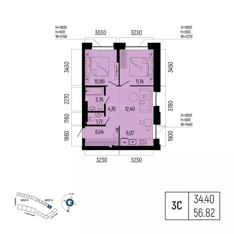 3-комнатная квартира: Уфа, улица Рудольфа Нуреева, 7 (56.82 м) - Фото 0