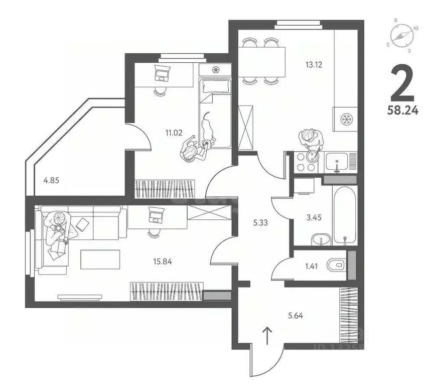 2-к кв. Липецкая область, Липецк ул. Механизаторов, 15А (58.24 м) - Фото 2