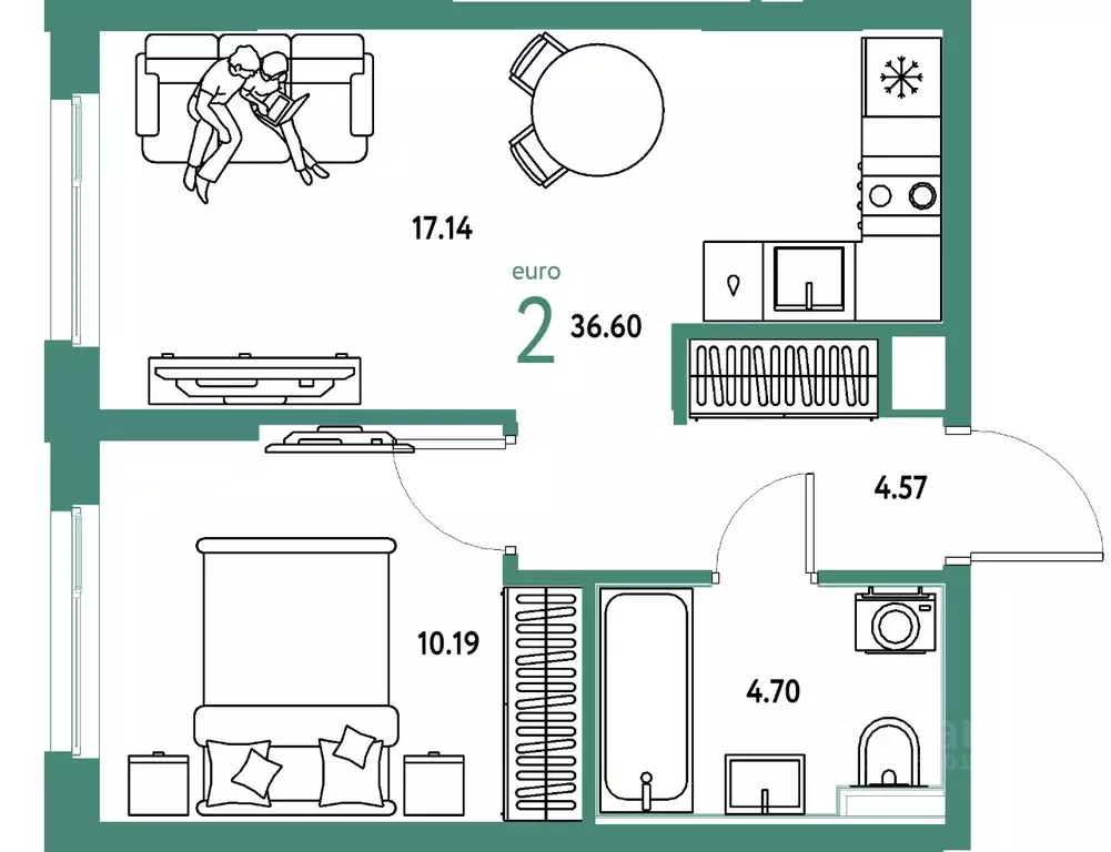 2-к кв. Тюменская область, Тюмень ул. 50 лет Октября, 61к1 (36.6 м) - Фото 1