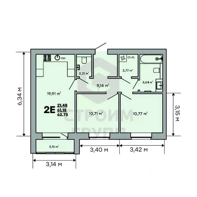 2-к кв. Владимирская область, Ковров ул. Строителей, 43/1 (62.73 м) - Фото 2