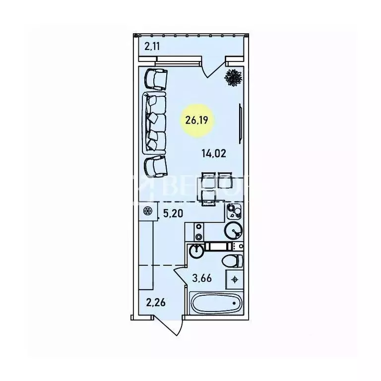 Студия Ярославская область, Ярославль 2-й мкр,  (26.19 м) - Фото 1