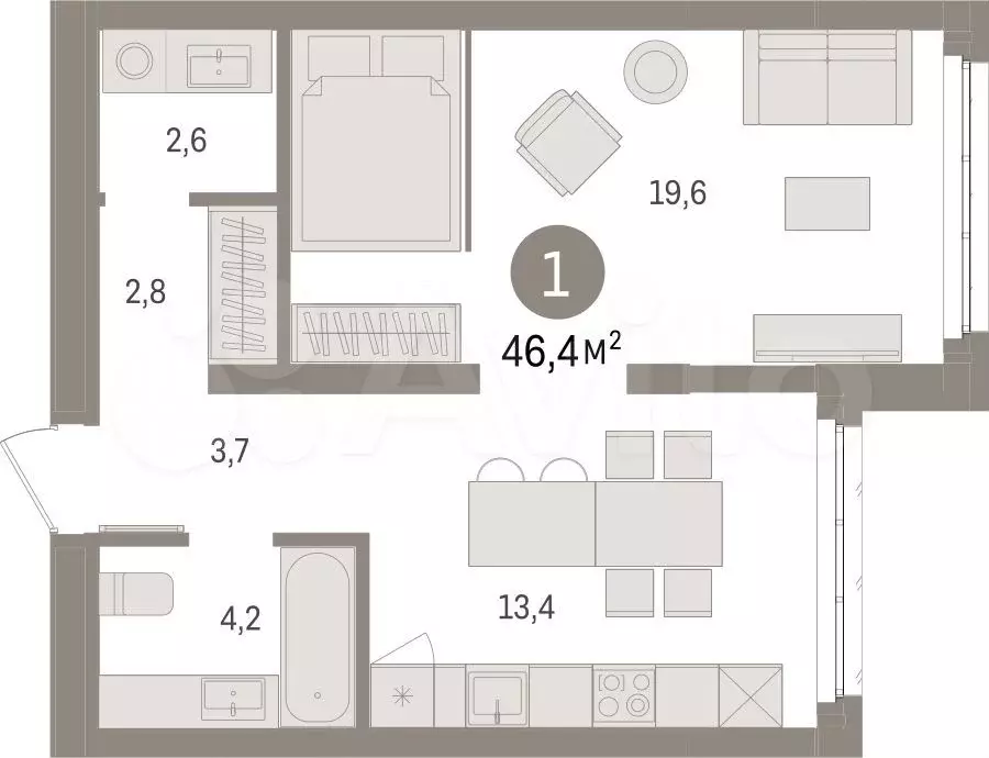 1-к. квартира, 46,4 м, 4/9 эт. - Фото 1