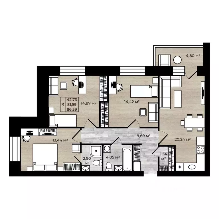 3-к кв. Ярославская область, Ярославль Тормозное ш. (86.39 м) - Фото 1