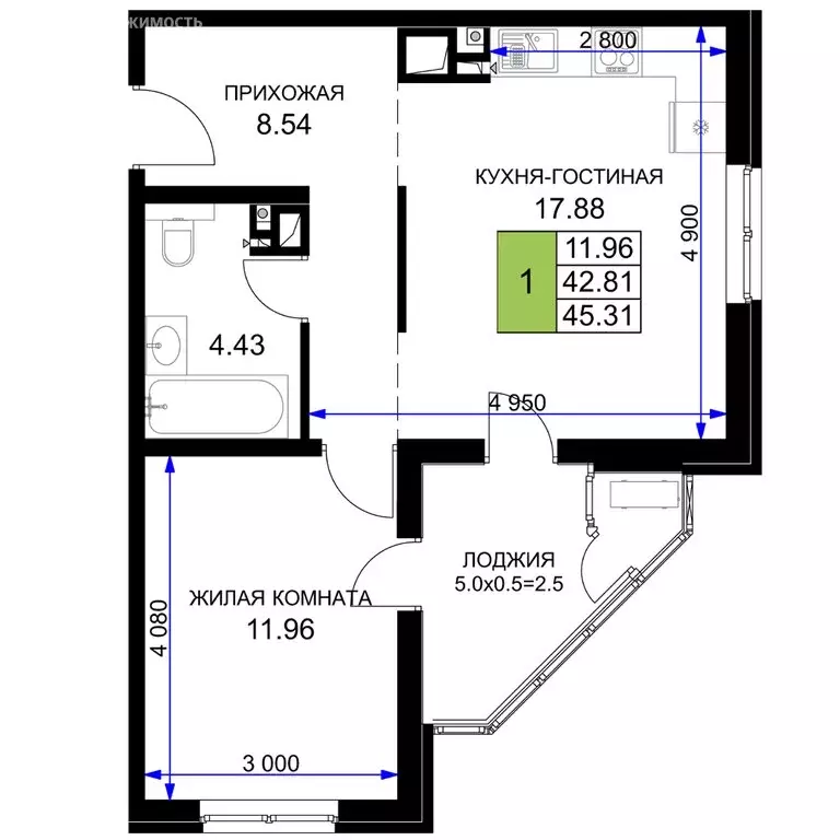 1-комнатная квартира: Краснодар (45.31 м) - Фото 0