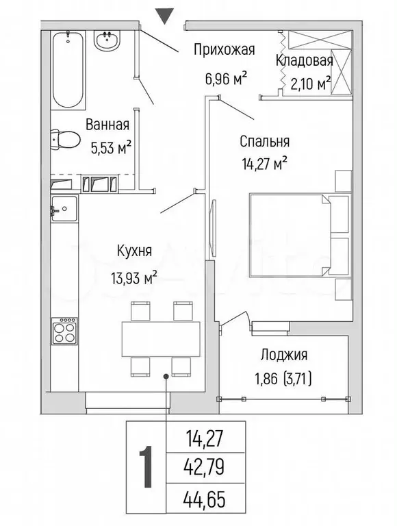 1-к. квартира, 44,7 м, 2/9 эт. - Фото 0