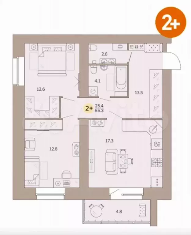 2-к. квартира, 65,3 м, 1/9 эт. - Фото 0