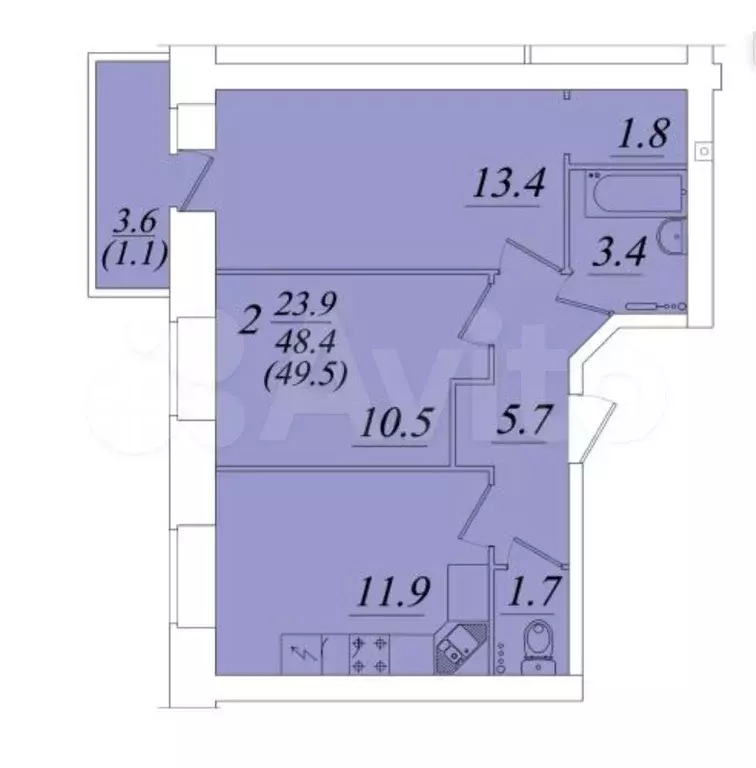 2-к. квартира, 49,5 м, 2/9 эт. - Фото 1