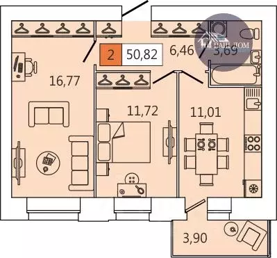 2-к кв. Архангельская область, Северодвинск Юбилейная ул., 3к2 (50.6 ... - Фото 2