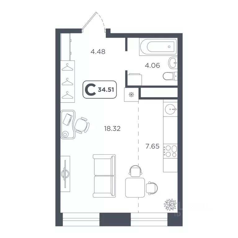 Студия Тюменская область, Тюмень Дамбовская ул., 25к1 (34.51 м) - Фото 0