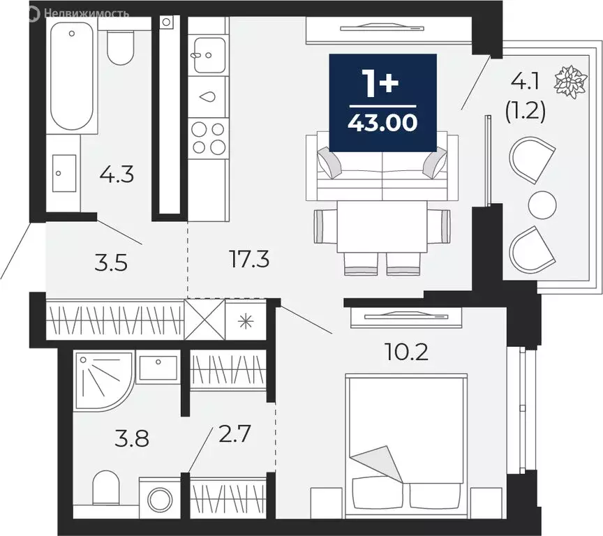 1-комнатная квартира: Тюмень, улица Тимофея Чаркова, 77 (45.9 м) - Фото 1