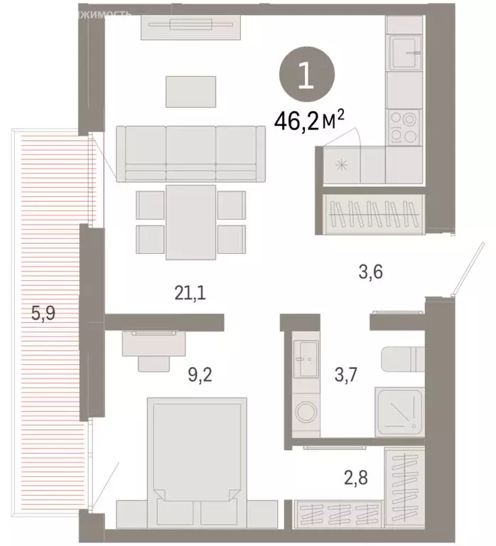 1-комнатная квартира: Тюмень, Ленинский округ (46.15 м) - Фото 1