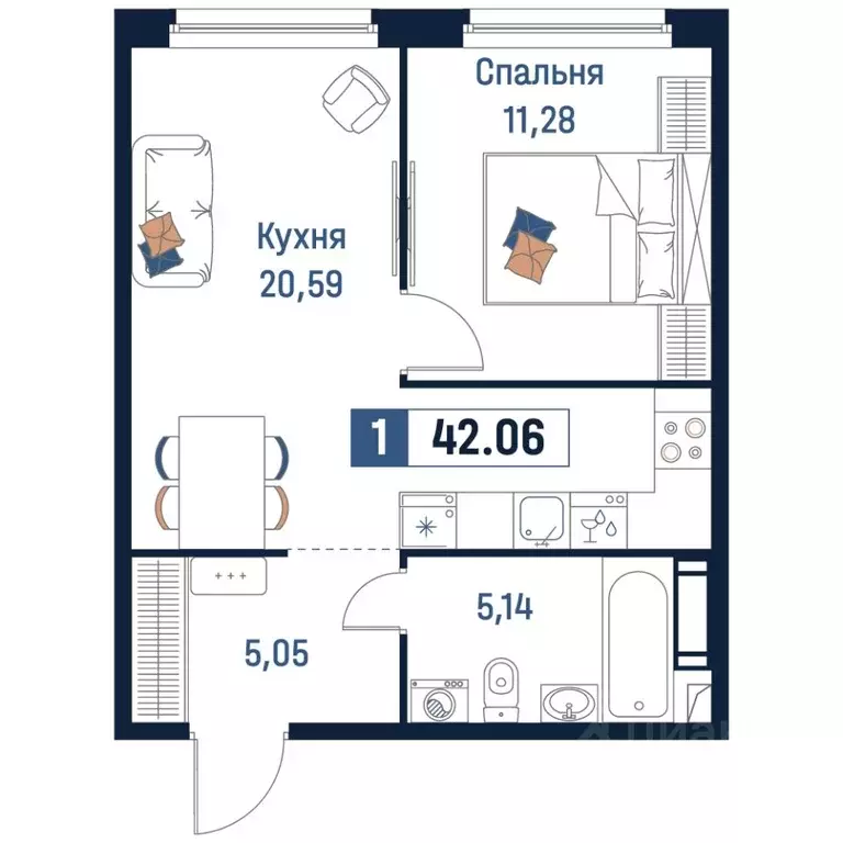 1-к кв. Ленинградская область, Мурино Всеволожский район,  (42.06 м) - Фото 0