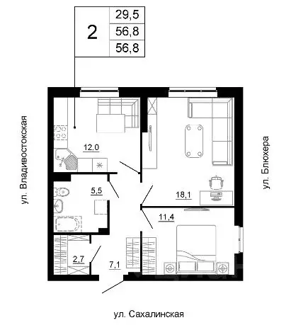 2-к кв. Свердловская область, Екатеринбург ул. Кронштадтская (56.8 м) - Фото 1