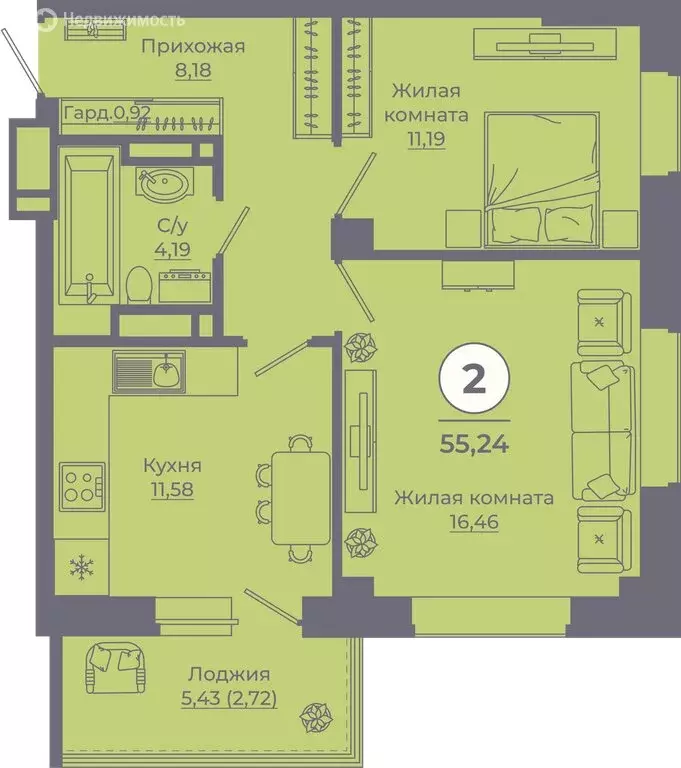 2-комнатная квартира: Ростов-на-Дону, улица Ерёменко, 115 (55.04 м) - Фото 0