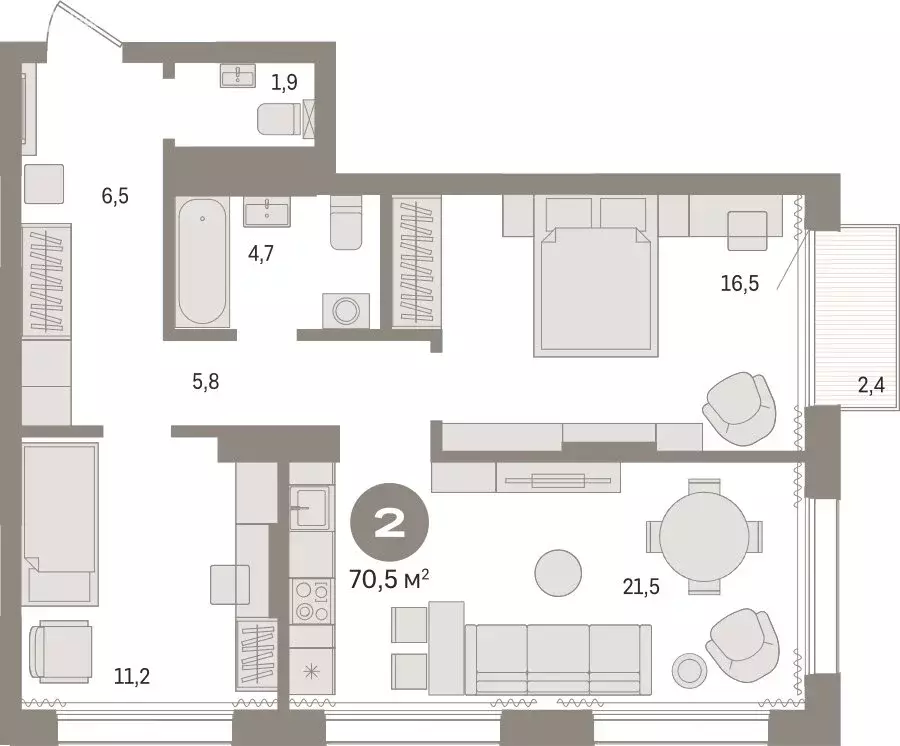 2-комнатная квартира: Тюмень, Краснооктябрьская улица, 4к3 (70.51 м) - Фото 1