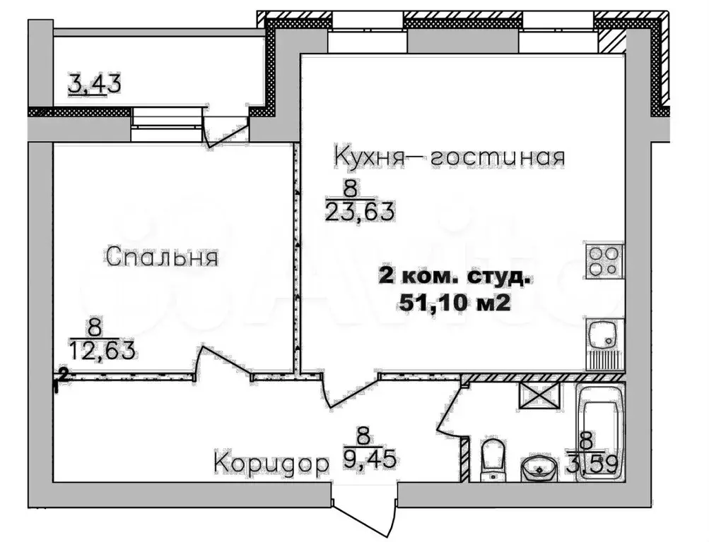 2-к. квартира, 51,1 м, 6/9 эт. - Фото 0