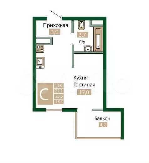 Квартира-студия, 25,5 м, 4/12 эт. - Фото 0