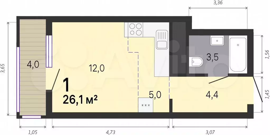 Квартира-студия, 26,5 м, 4/19 эт. - Фото 0