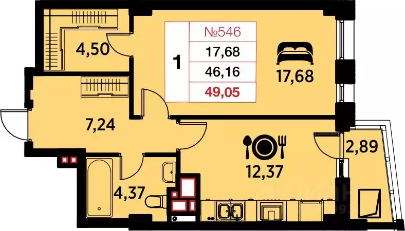 1-к кв. Калининградская область, Калининград ул. Гайдара, 94 (49.05 м) - Фото 0