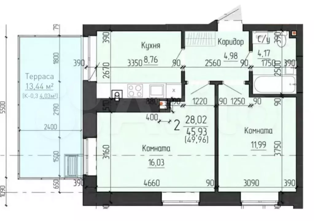2-к. квартира, 45,6 м, 1/4 эт. - Фото 0