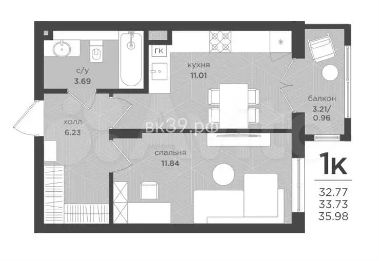 1-к. квартира, 33,7 м, 1/4 эт. - Фото 1